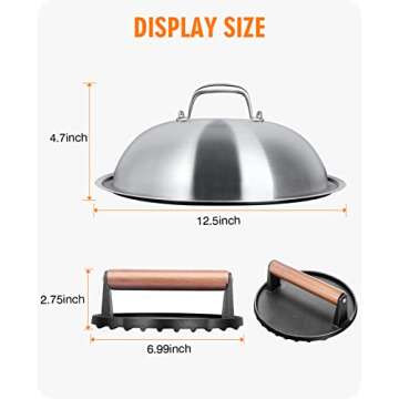 HOMENOTE Griddle Accessories for Blackstone, Commercial Grade 12 Inch Heavy Duty Melting Dome with Round Cast Iron Smash Burger Press Perfect for Flat Top Hibachi Grill Indoor Outdoor