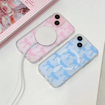 UEEBAI Magnetic for iPhone 14 Case & iPhone 13 Case, Bow Case Compatible with MagSafe, Wireless Slim Clear Ribbon Phone Case Anti-Yellowing Shockproof Protective Cover for Women Girl - Pink