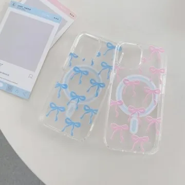 UEEBAI Magnetic for iPhone 14 Case & iPhone 13 Case, Bow Case Compatible with MagSafe, Wireless Slim Clear Ribbon Phone Case Anti-Yellowing Shockproof Protective Cover for Women Girl - Pink