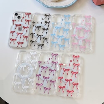 UEEBAI Magnetic for iPhone 14 Case & iPhone 13 Case, Bow Case Compatible with MagSafe, Wireless Slim Clear Ribbon Phone Case Anti-Yellowing Shockproof Protective Cover for Women Girl - Pink