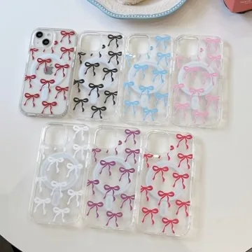 UEEBAI Magnetic for iPhone 14 Case & iPhone 13 Case, Bow Case Compatible with MagSafe, Wireless Slim Clear Ribbon Phone Case Anti-Yellowing Shockproof Protective Cover for Women Girl - Pink