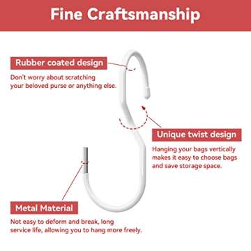 NEZA Purse Hanger, 8 White Metal and Rubber Coated Hooks for Closet Storage, Twist Design for Easy Display