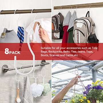 NEZA Purse Hanger, 8 White Metal and Rubber Coated Hooks for Closet Storage, Twist Design for Easy Display