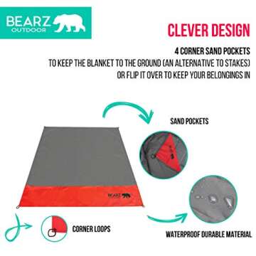 BEARZ Outdoor Pocket Blanket - Beach Blanket Waterproof Sandproof, Picnic Blankets Waterproof Foldable, Lightweight & Compact for Hiking, Camping, Travel, Festival Accessories (Red)