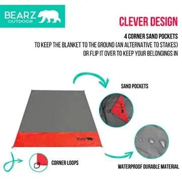 BEARZ Outdoor Pocket Blanket - Beach Blanket Waterproof Sandproof, Picnic Blankets Waterproof Foldable, Lightweight & Compact for Hiking, Camping, Travel, Festival Accessories (Red)