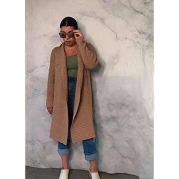 Amazon Essentials Women's Oversized Open Front Knee Length Sweater Coat, Camel Heather, Medium