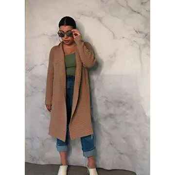 Amazon Essentials Women's Oversized Open Front Knee Length Sweater Coat, Camel Heather, Medium