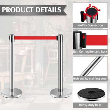 Ferraycle Stainless Steel Stanchions with Retractable Belt Barriers 6.6 ft Crowd Control Poles Ropes Safety Barriers Stanchions Post Ropes Line Dividers Queue Line Poles