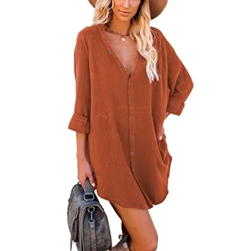 iGENJUN Women's Long Sleeve Beach Cover-ups Tunic with Pockets