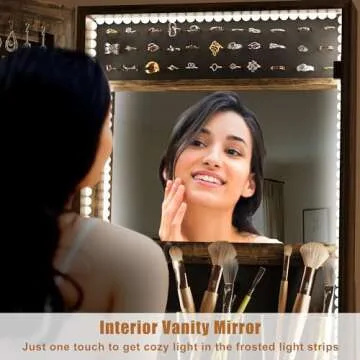 GarveeHome Full Length Mirror Jewelry Organizer, 66" Lockable Jewelry Armoire with Led Light, Standing Jewelry Storage Cabinet with Back Shelf and Drawer, Retro Brown