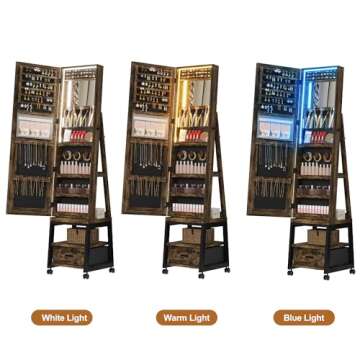 GarveeHome Full Length Mirror Jewelry Organizer, 66" Lockable Jewelry Armoire with Led Light, Standing Jewelry Storage Cabinet with Back Shelf and Drawer, Retro Brown