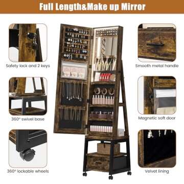 GarveeHome Full Length Mirror Jewelry Organizer, 66" Lockable Jewelry Armoire with Led Light, Standing Jewelry Storage Cabinet with Back Shelf and Drawer, Retro Brown