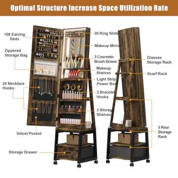 GarveeHome Full Length Mirror Jewelry Organizer, 66" Lockable Jewelry Armoire with Led Light, Standing Jewelry Storage Cabinet with Back Shelf and Drawer, Retro Brown