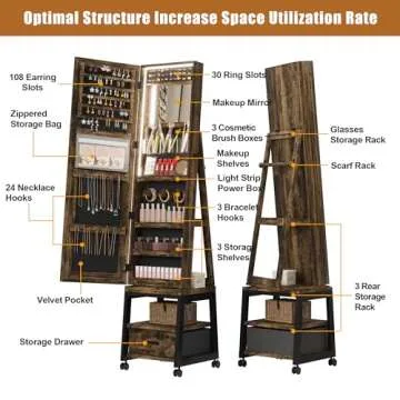 GarveeHome Full Length Mirror Jewelry Organizer, 66" Lockable Jewelry Armoire with Led Light, Standing Jewelry Storage Cabinet with Back Shelf and Drawer, Retro Brown