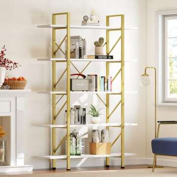 YITAHOME 5-Tier Bookshelf, Artsy Modern Bookshelf 5 Shelf Display Storage Shelves Tall Bookcase for Home Office, Living Room, Gold & White