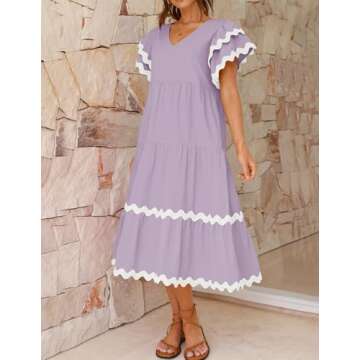 ZESICA Womens 2025 Summer Casual Midi Dresses V Neck Flutter Short Sleeve Ruffle Tiered A Line Flowy Beach Long Dress,PurpleTaro,X-Large
