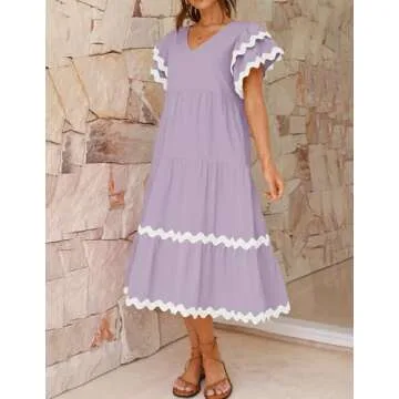 ZESICA Womens 2025 Summer Casual Midi Dresses V Neck Flutter Short Sleeve Ruffle Tiered A Line Flowy Beach Long Dress,PurpleTaro,X-Large
