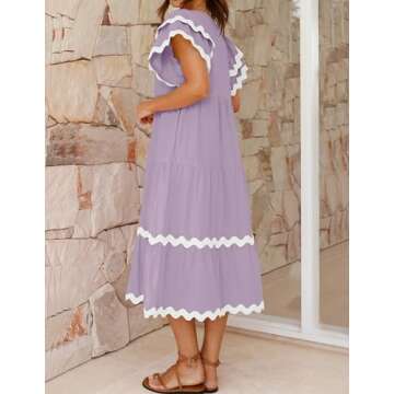 ZESICA Womens 2025 Summer Casual Midi Dresses V Neck Flutter Short Sleeve Ruffle Tiered A Line Flowy Beach Long Dress,PurpleTaro,X-Large