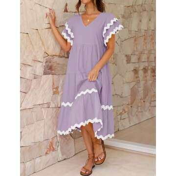 ZESICA Womens 2025 Summer Casual Midi Dresses V Neck Flutter Short Sleeve Ruffle Tiered A Line Flowy Beach Long Dress,PurpleTaro,X-Large