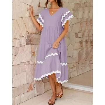 ZESICA Womens 2025 Summer Casual Midi Dresses V Neck Flutter Short Sleeve Ruffle Tiered A Line Flowy Beach Long Dress,PurpleTaro,X-Large