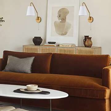 PASSICA DECOR Hardwired Wall Sconces Set of Two 180 Degree Left and Right Swing Arm Wall Light with Pull Chain Antique Brass Fabric Lighting Vintage Industrial Lamps for Bedroom Farmhouse Living Room