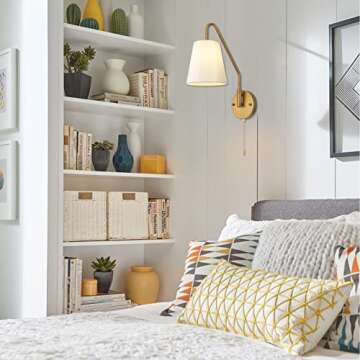 PASSICA DECOR Hardwired Wall Sconces Set of Two 180 Degree Left and Right Swing Arm Wall Light with Pull Chain Antique Brass Fabric Lighting Vintage Industrial Lamps for Bedroom Farmhouse Living Room