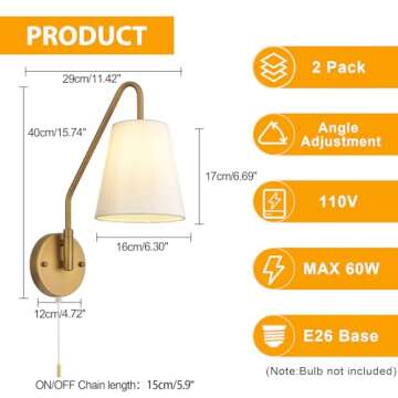 PASSICA DECOR Hardwired Wall Sconces Set of Two 180 Degree Left and Right Swing Arm Wall Light with Pull Chain Antique Brass Fabric Lighting Vintage Industrial Lamps for Bedroom Farmhouse Living Room