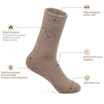 EXCELLENT THERMAL Wool Socks Mens, Winter Thermal Socks for Men, Soft Crew Hiking Socks Warm Mens Socks fit US 7-13(5 Pairs)