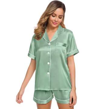SWOMOG Womens Silk Satin Pajamas Set Short Sleeve Sleepwear Button Down Top and Shorts Loungewear 2 ...