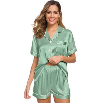 SWOMOG Womens Silk Satin Pajamas Set Short Sleeve Sleepwear Button Down Top and Shorts Loungewear 2 Piece Pjs Set XS-3XL