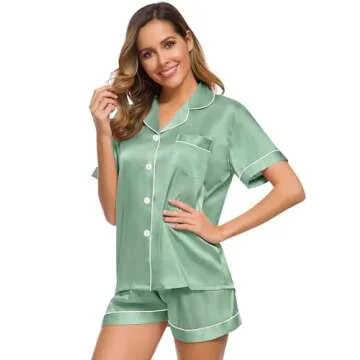 SWOMOG Womens Silk Satin Pajamas Set Short Sleeve Sleepwear Button Down Top and Shorts Loungewear 2 Piece Pjs Set XS-3XL