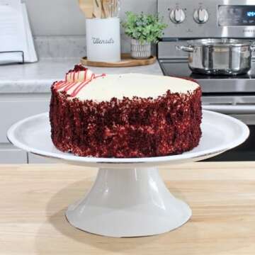 AuldHome Design Rustic White Cake Stand, Farmhouse Enamelware Round Pedestal Cake Stand, Distressed Vintage Style