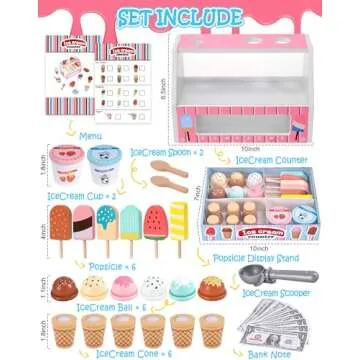 Wooden Ice Cream Toys Kids Kitchen Play Store for Toddlers Girls