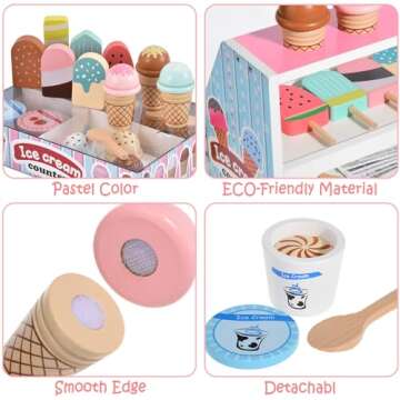 Wooden Ice Cream Kitchen Set for Kids Ages 3-8
