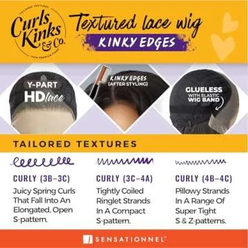 Sensationnel Curls kinksandco kinkyedges wig - kinky volume curl 14 inch y part lace natural kinkytexture edged hairline for natural 3c to 4c hair textures (1B OFFBLACK)