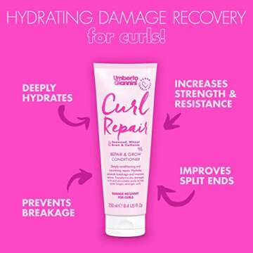 Umberto Giannini Curl Repair Conditioner, Vegan & Cruelty Free Repair & Growth Formula with Seaweed, Wheat Bran & Caffeine, 250 ml