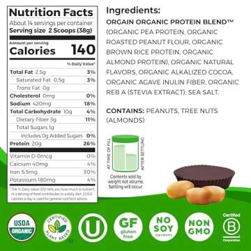 Orgain X Justin's ® Organic Vegan Nut Butter Protein Powder, Chocolate Peanut Butter- 20g Plant Pro...