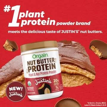 Orgain X Justin's ® Organic Vegan Nut Butter Protein Powder, Chocolate Peanut Butter- 20g Plant Protein, 1g Sugar, Gluten Free, No Dairy, Soy Ingredients, or Artificial Flavors, 1.17 lb