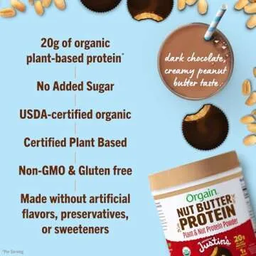 Orgain X Justin's ® Organic Vegan Nut Butter Protein Powder, Chocolate Peanut Butter- 20g Plant Protein, 1g Sugar, Gluten Free, No Dairy, Soy Ingredients, or Artificial Flavors, 1.17 lb