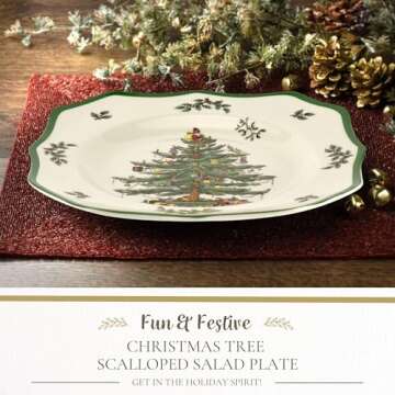 Spode Christmas Tree Scalloped Salad Plate - Holiday-Themed Stoneware Appetizer Plate - 9 Inch Chris...
