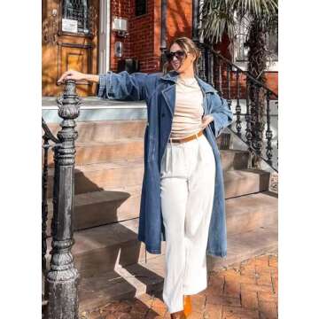 MJFCS YAENH Women's Vintage Notched Collar Double Breasted Over Knee Midi Long Denim Jacket Trench C...