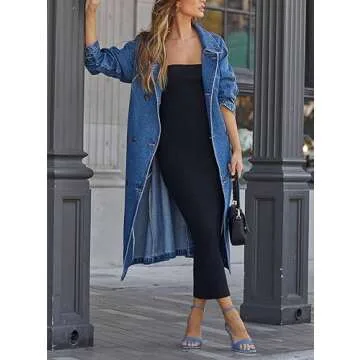 MJFCS YAENH Women's Vintage Notched Collar Double Breasted Over Knee Midi Long Denim Jacket Trench Coat with Belt(Blue,S)