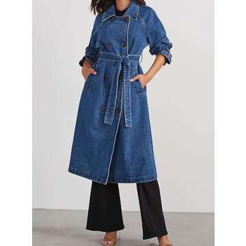 MJFCS YAENH Women's Vintage Notched Collar Double Breasted Over Knee Midi Long Denim Jacket Trench Coat with Belt(Blue,S)
