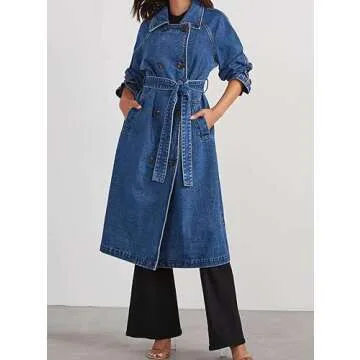 MJFCS YAENH Women's Vintage Notched Collar Double Breasted Over Knee Midi Long Denim Jacket Trench Coat with Belt(Blue,S)