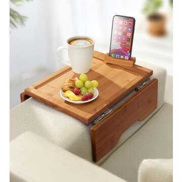 Couch Arm Table Tray with Phone & Tablet Holder – Brown | Premium Clip-On Sofa Arm Tray for Snacks...