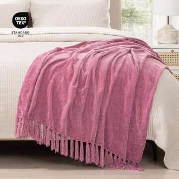 RECYCO Throw Blanket Soft Cozy Chenille Throw Blanket with Fringe Tassel for Couch Sofa Chair Bed Living Room (Rose, 60" x 80")