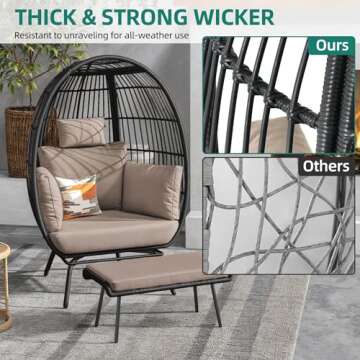 YITAHOME Accent Living Room Egg Chair w/Ottoman, Wicker Oversized Basket Chair with 5 Thick Cushions, Footrest, Comfy Recliner Lazy Chair for Indoor, Bedroom, Reading Room, Lounge (Brown)