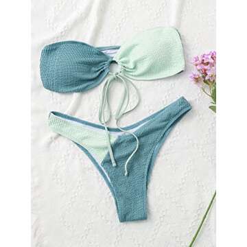 Meetall Bandeau Top Cheeky Bikini Sets for Women Sexy Strapless Bathing Suits for Teens Girls Cute Color Block Green Bikini Ribbed Two Piece Swimsuits for Women High Rise Size L