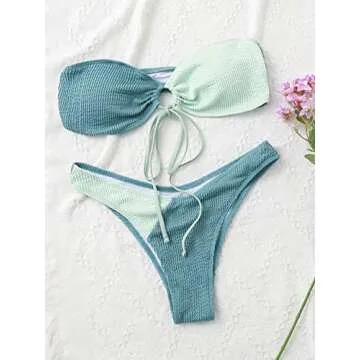 Meetall Bandeau Top Cheeky Bikini Sets for Women Sexy Strapless Bathing Suits for Teens Girls Cute Color Block Green Bikini Ribbed Two Piece Swimsuits for Women High Rise Size L