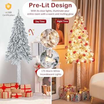 Goplus 6ft Pre-Lit Slim Pencil Christmas Tree, Artificial Snow Flocked Xmas Tree with 175 Warm-White...